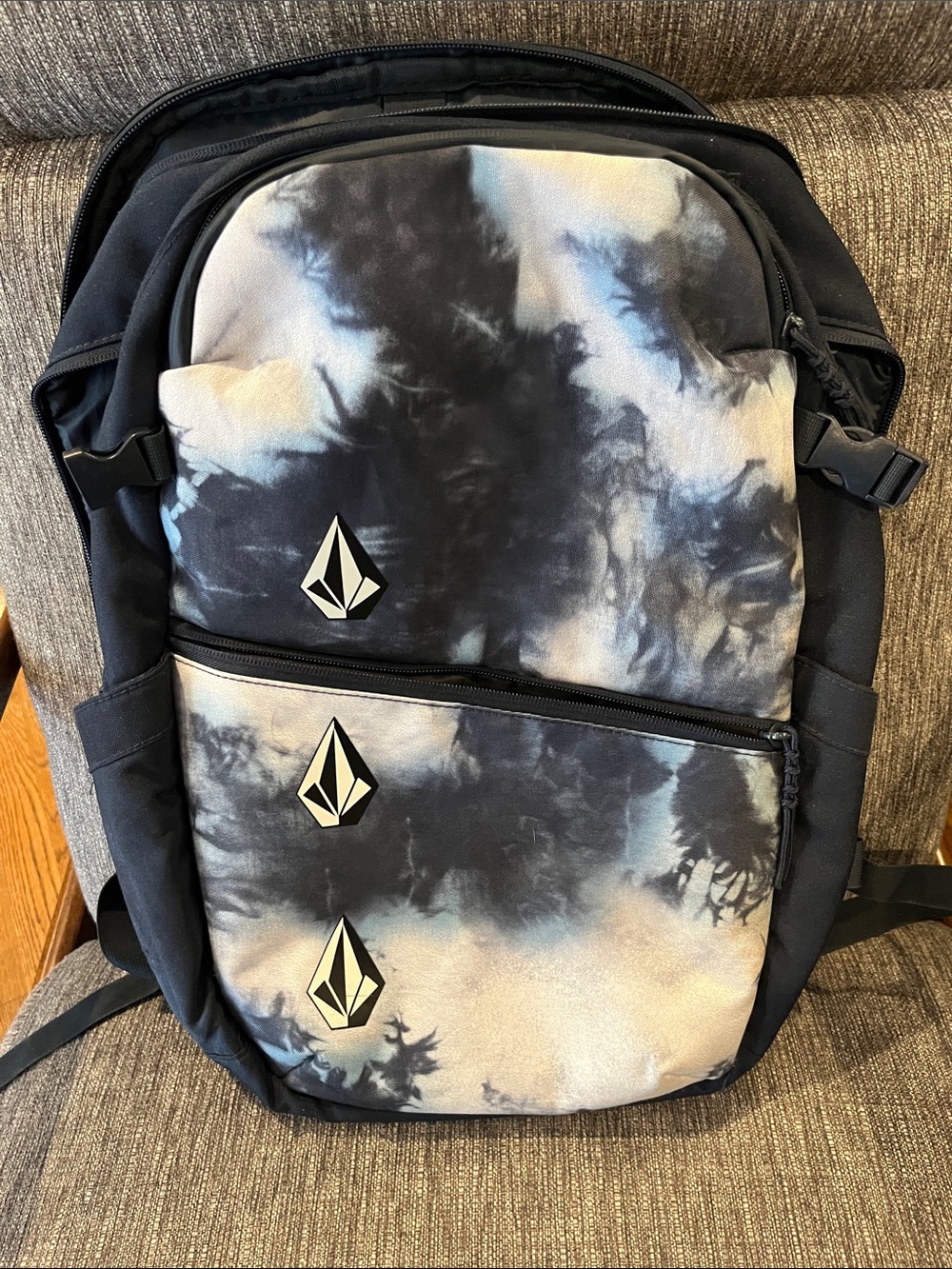 Volcom Black and Blue Tie-Dye Backpack with Logo Accents